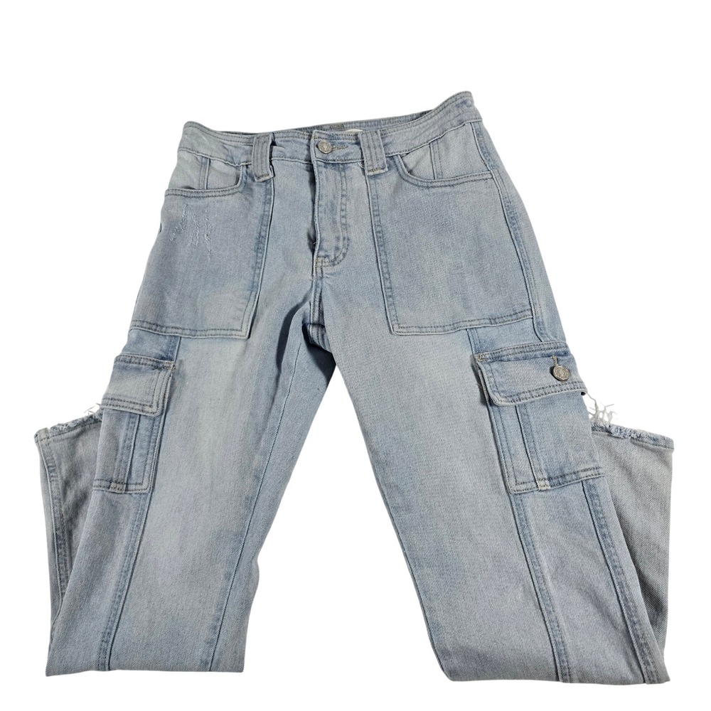 KanCan Los Angeles Light Wash Cargo Jeans High Rise Raw Hem KC7843L Size 25/3